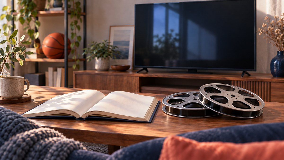 白紙の本とフィルムリールを置いた、テレビのある部屋