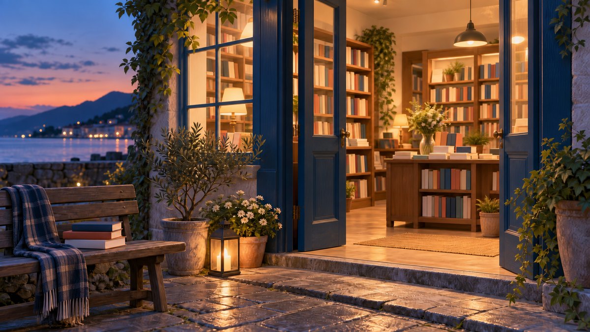 本棚のある書店の入口に明かりがともり、外のベンチにも本が置かれた風景