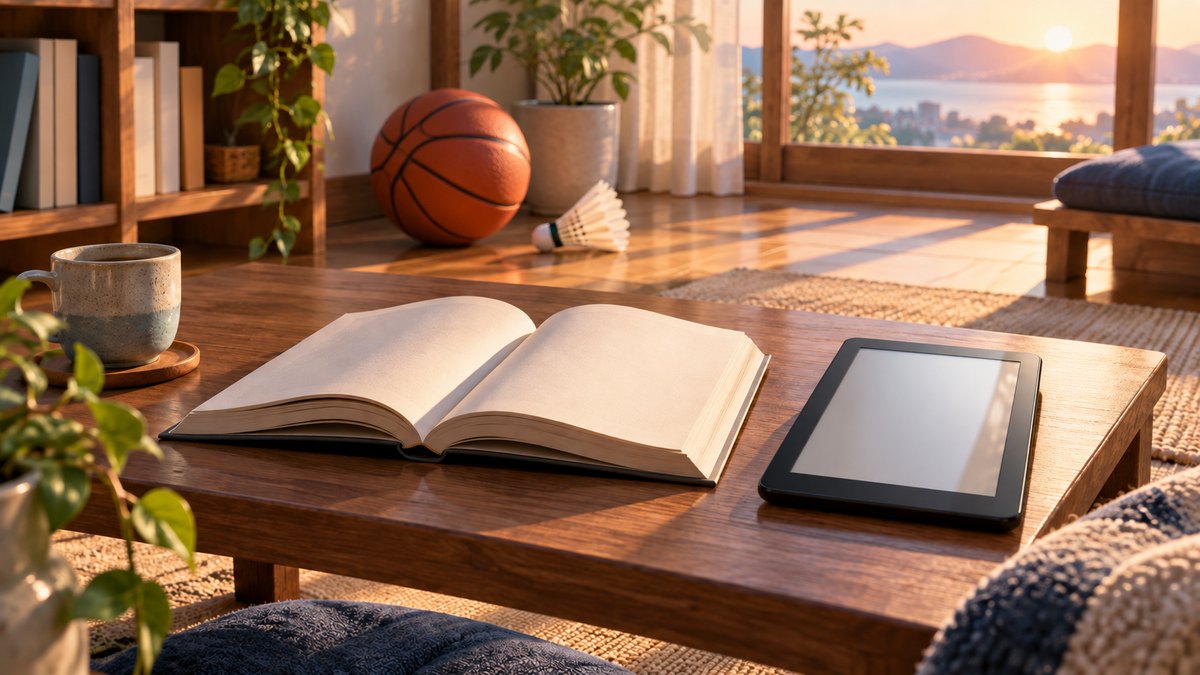 窓辺の読書机に置かれた本と電子リーダー、奥にあるボールとシャトル