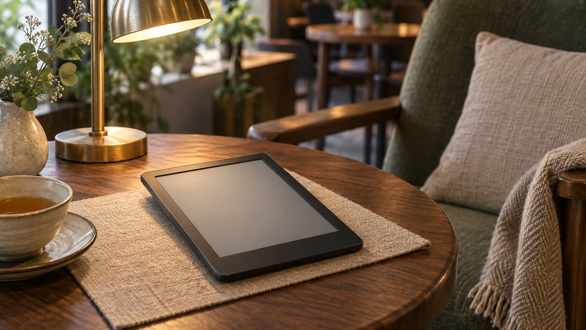 読書灯の下、木の卓上に置かれた無地画面の電子リーダー
