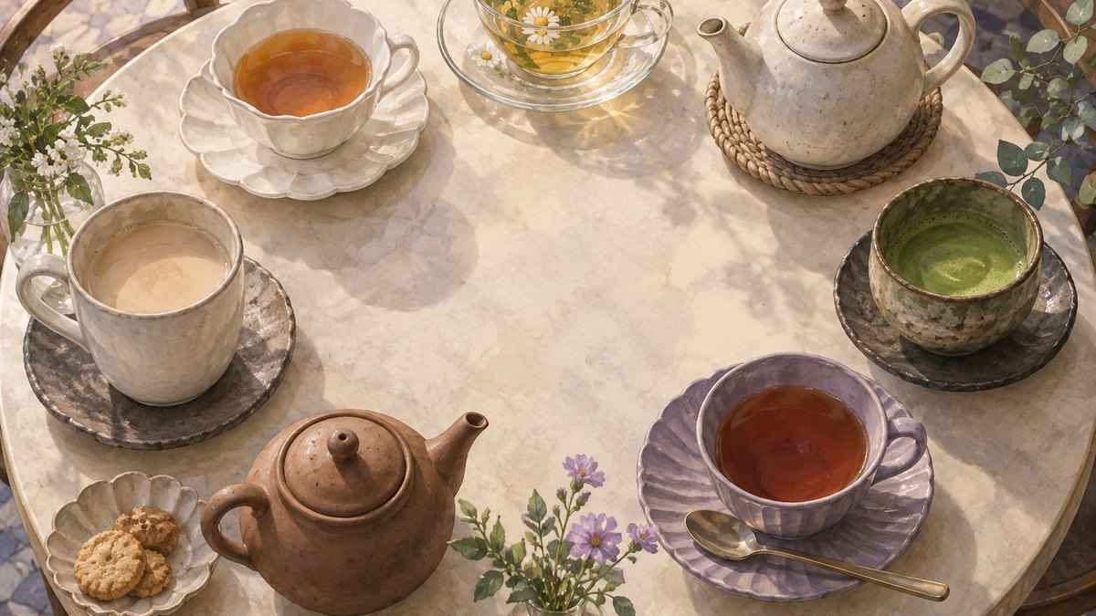 色や形の異なる茶器を囲むように並べた丸いテーブル