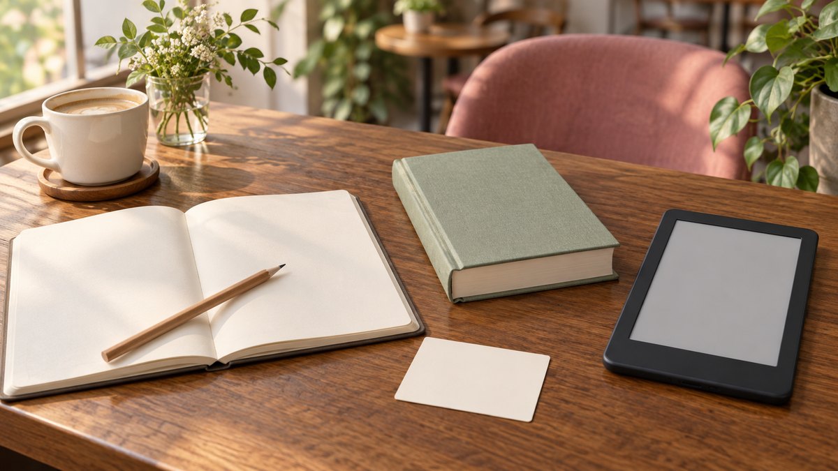 白紙の冊子とカード、本と電子リーダーを並べた読書机