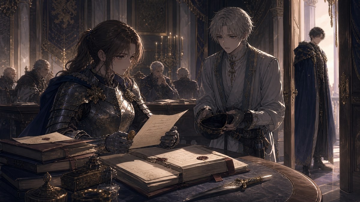 皇帝と女騎士218話219話 ネタバレ ポリアナがプラウの婚姻書類を確認するイメージ