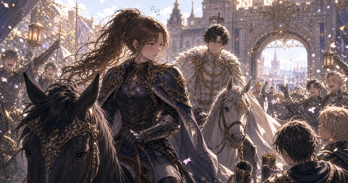皇帝と女騎士270話271話 ヤパへ帰還するポリアナとルクソスを騎士たちが迎えるイメージ