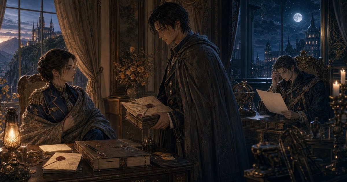 皇帝と女騎士290話291話 シトリンのポリアナと監査役モモ、報告書を待つルクソスのイメージ