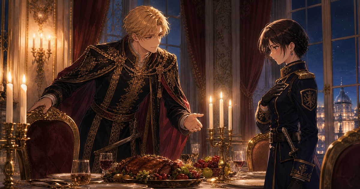 皇帝と女騎士330話331話 ルクソスがポリアナを食事に招くイメージ