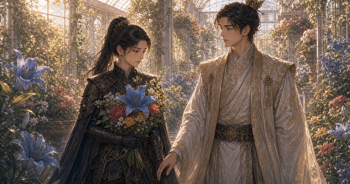 皇帝と女騎士338話339話 温室でルクソスがポリアナへ花束を捧げる回のアイキャッチ画像