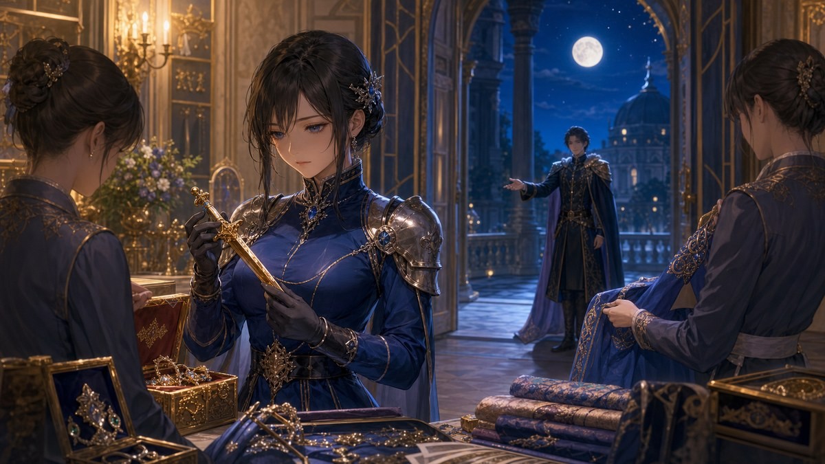 皇帝と女騎士344話345話ネタバレ ポリアナの宝物庫での短剣選びとルクソスの月下の誘いをまとめた画像