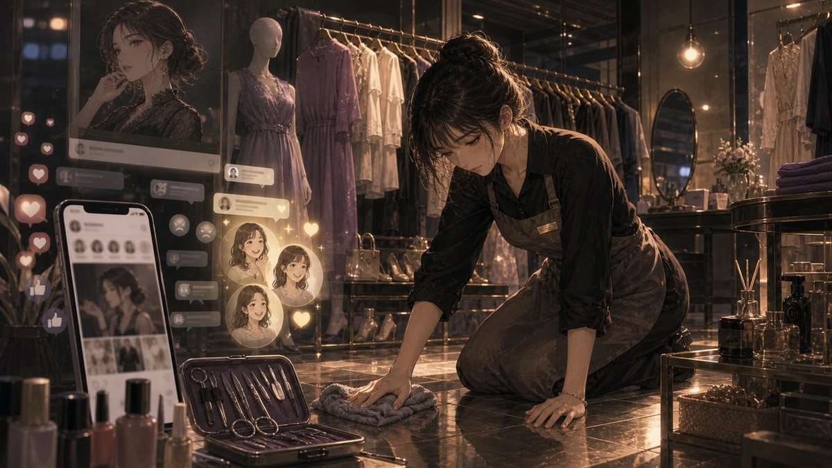 醜い私があなたになるまで2話 夢子が洋服店で働き始めSNSの視線を浴びる要約画像
