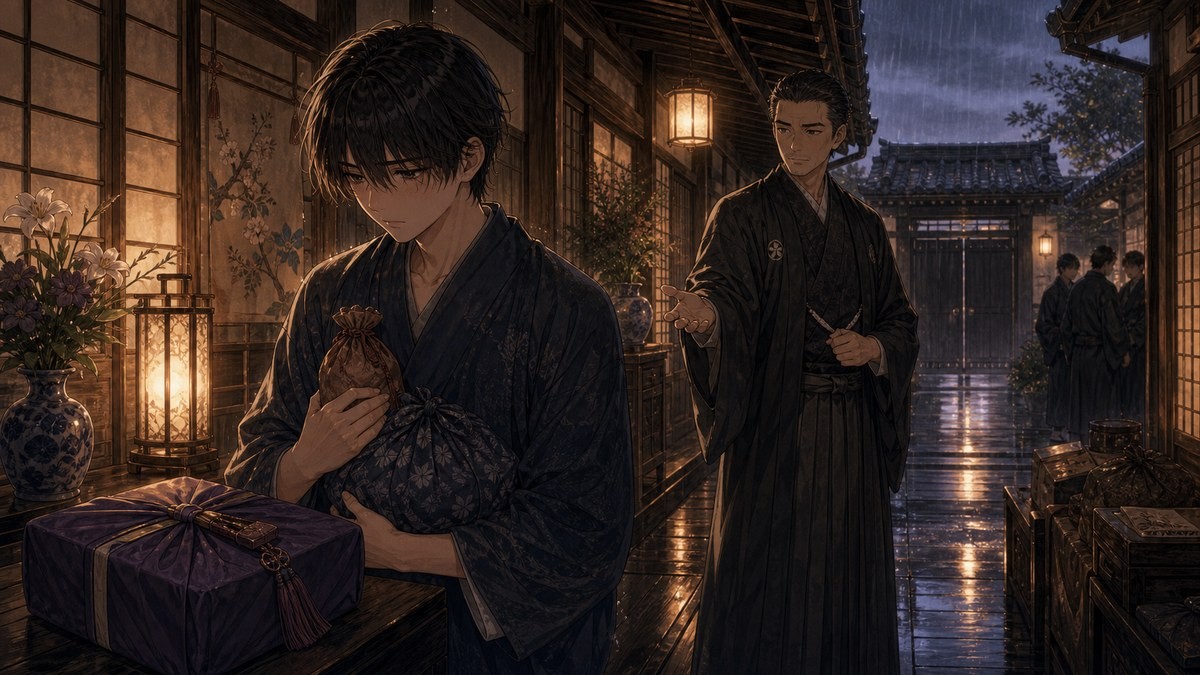 声なきものの唄105話 あらすじ 観世に守られる瀬島と閉じる奉公先の門のイメージ