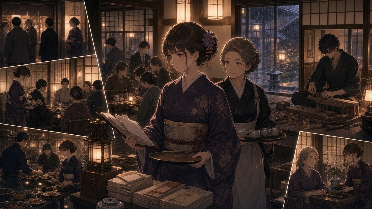 声なきものの唄108話 あらすじ 料亭を始めた明子と支える家族のイメージ