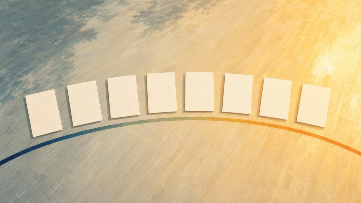 放課後、恋した。全8巻あらすじ 八枚の無地カードを一つの軌道でつないだ画像