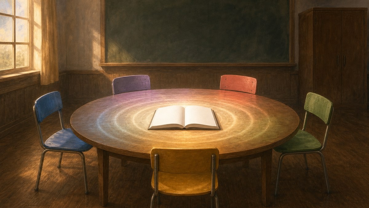 荒ぶる季節の乙女どもよの物語 空の文芸部室で五脚の椅子へ白紙の本から光が広がる画像