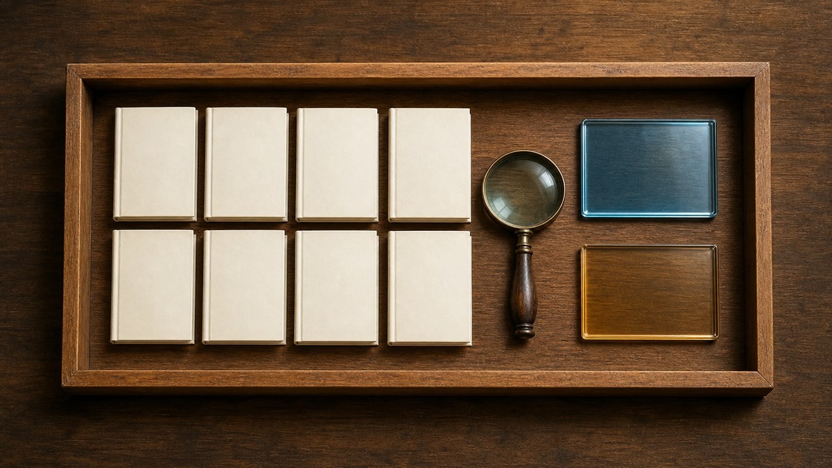 荒ぶる季節の乙女どもよFAQ 八冊の無地本と二色の媒体板を虫眼鏡で確認する画像