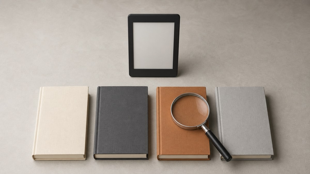 人喰いマンションKindle Unlimited対象確認 無地端末と四冊の本と虫眼鏡の画像