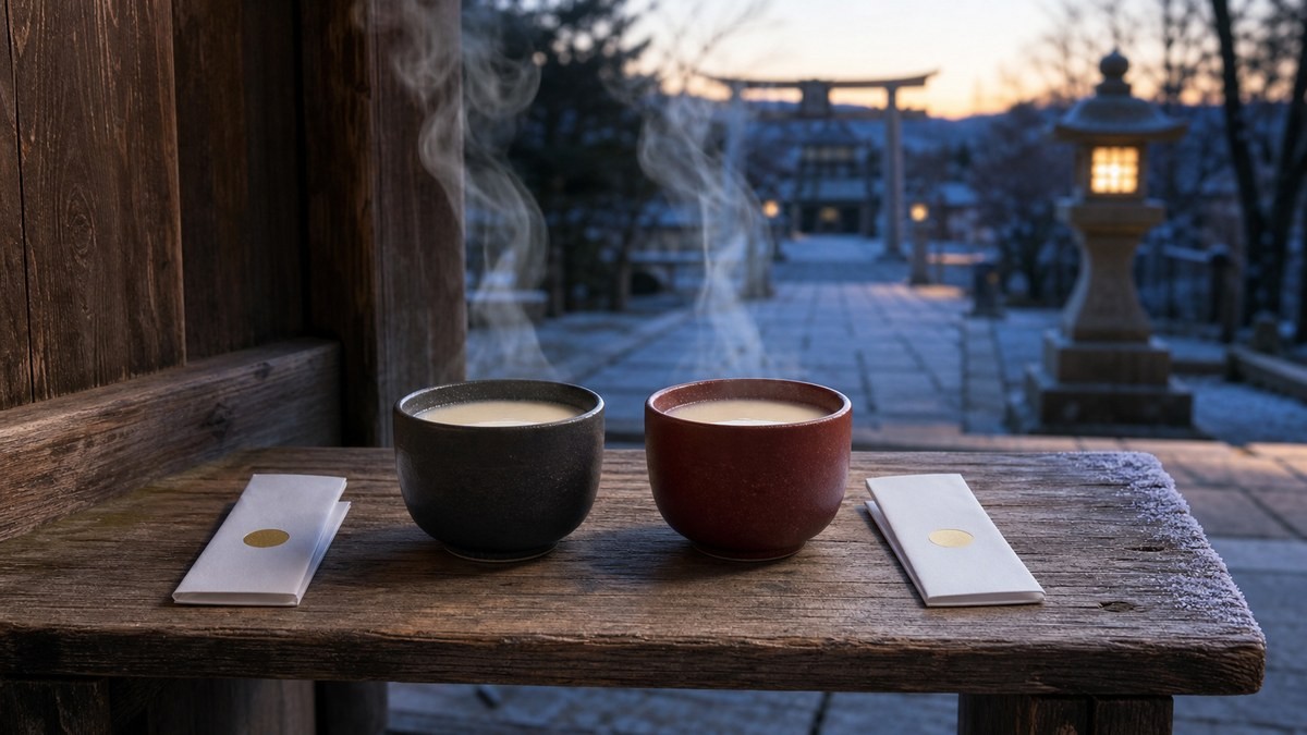 ホリミヤ10巻あらすじ 神社のベンチに並ぶ二つの甘酒椀と同じ印の無字おみくじが二年参りをまとめる画像
