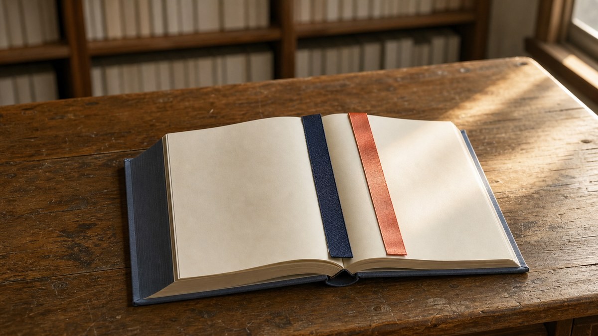 ホリミヤ10巻感想考察 飾りのない一冊の本と同じ無字ページに並ぶ紺と珊瑚色の二本のしおりが仙石とレミの関係を表す画像