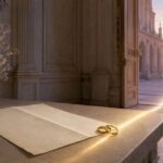 ルシア完全ガイド 淡い石造宮殿の夜明けの扉へ白紙の契約書と二つの指輪から光が続く画像