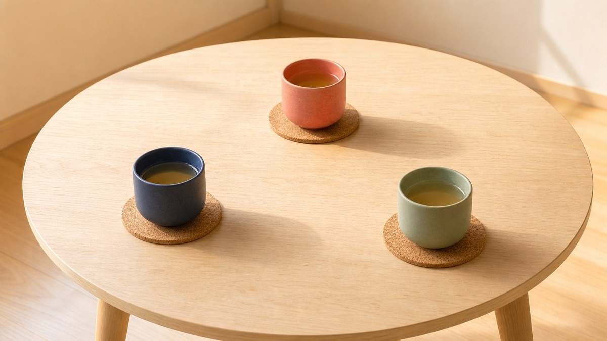 みにあまる彼氏9巻あらすじ 珊瑚色・紺色・セージ色の三つの茶器が距離を保って同じ丸卓を囲む画像