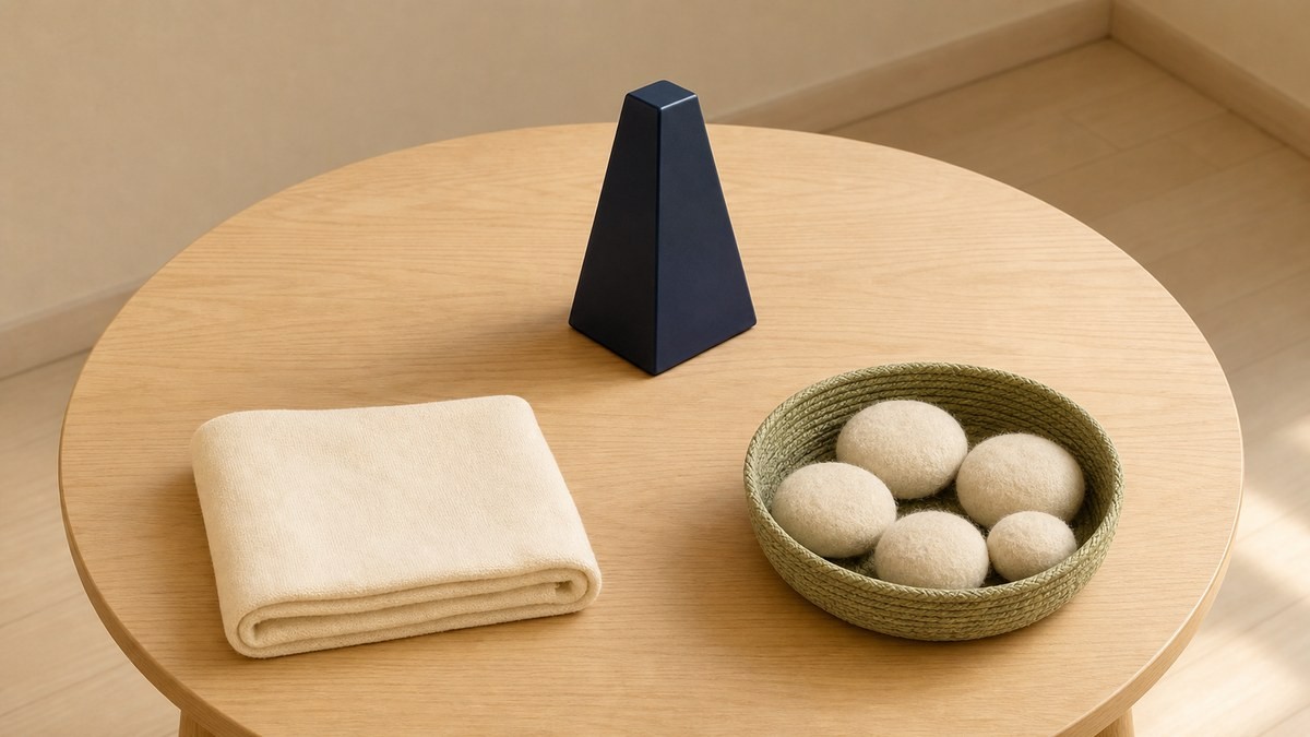 おじさまと猫3巻あらすじ 回復用の布・無記号の紺色メトロノーム・大小五つの柔らかなパッドを収めた籠を同じ丸卓に置いた画像