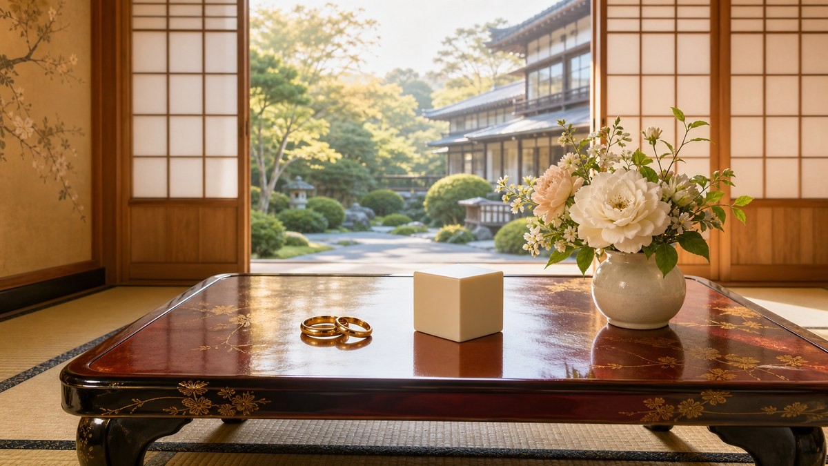 プロミス・シンデレラ最終回 旅館の祝宴台に二つの指輪と無地のサイコロと朝の花を置いた結末画像