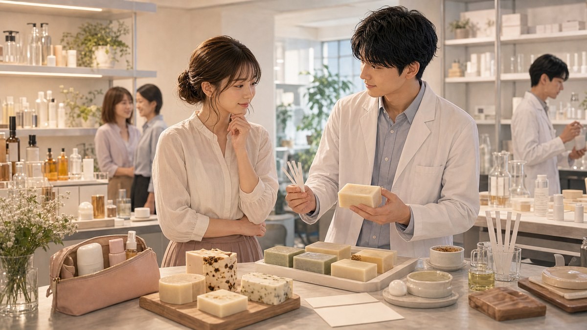 あせとせっけん1巻あらすじ 汗のコンプレックスと石けん開発への協力を表す要約画像