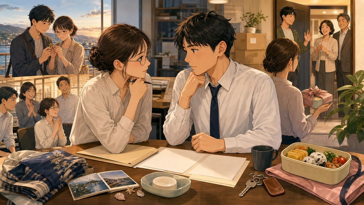 あせとせっけん4巻ネタバレ 職場への交際報告と同棲の話し合いとお弁当をまとめた要約画像