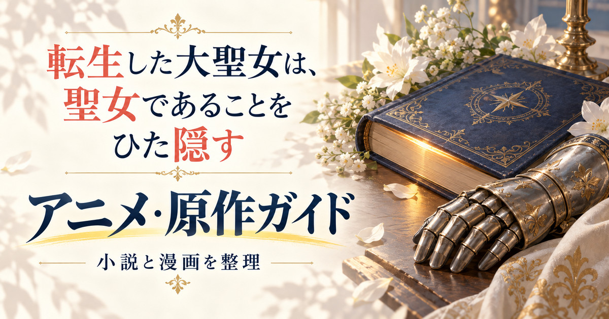 白い花と本、騎士の籠手を描いた転生した大聖女のアニメ・原作ガイド