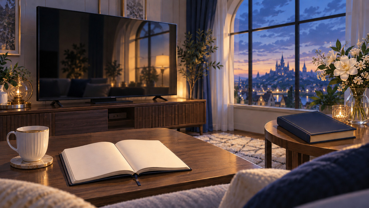 夕暮れの部屋に置いたテレビと白紙の手帳
