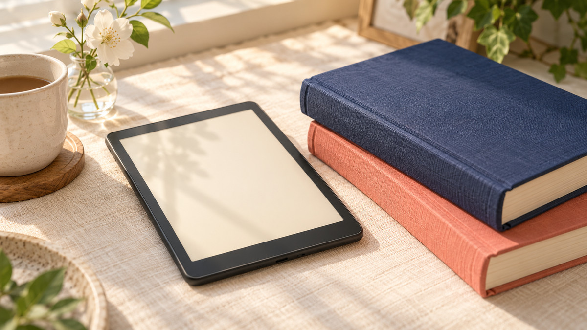 電子書籍端末と紙の本を並べた机