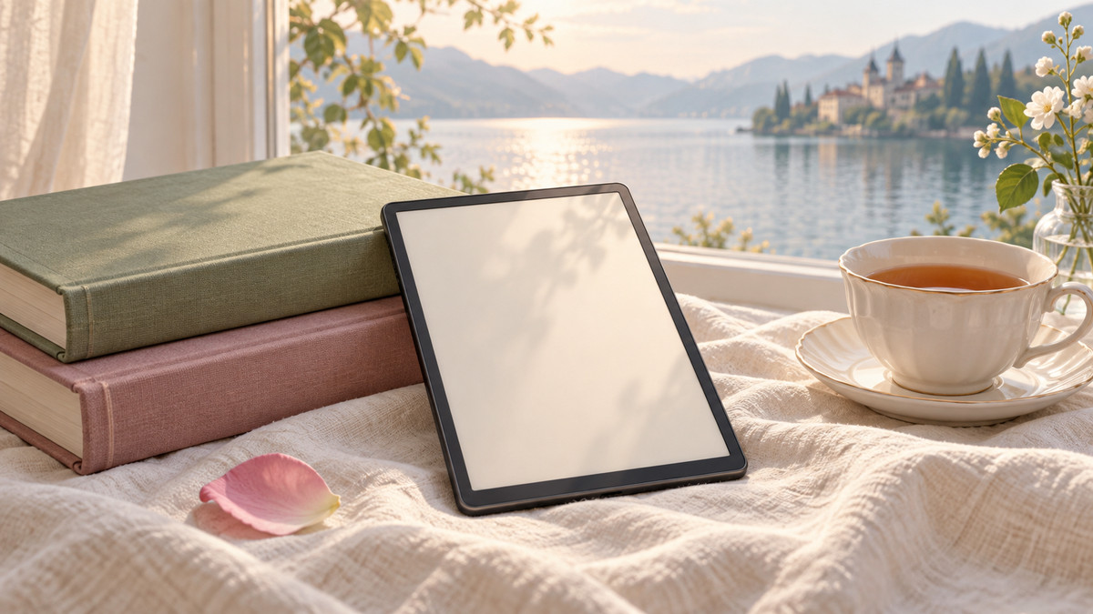 電子書籍端末と紙の本、紅茶を並べた机
