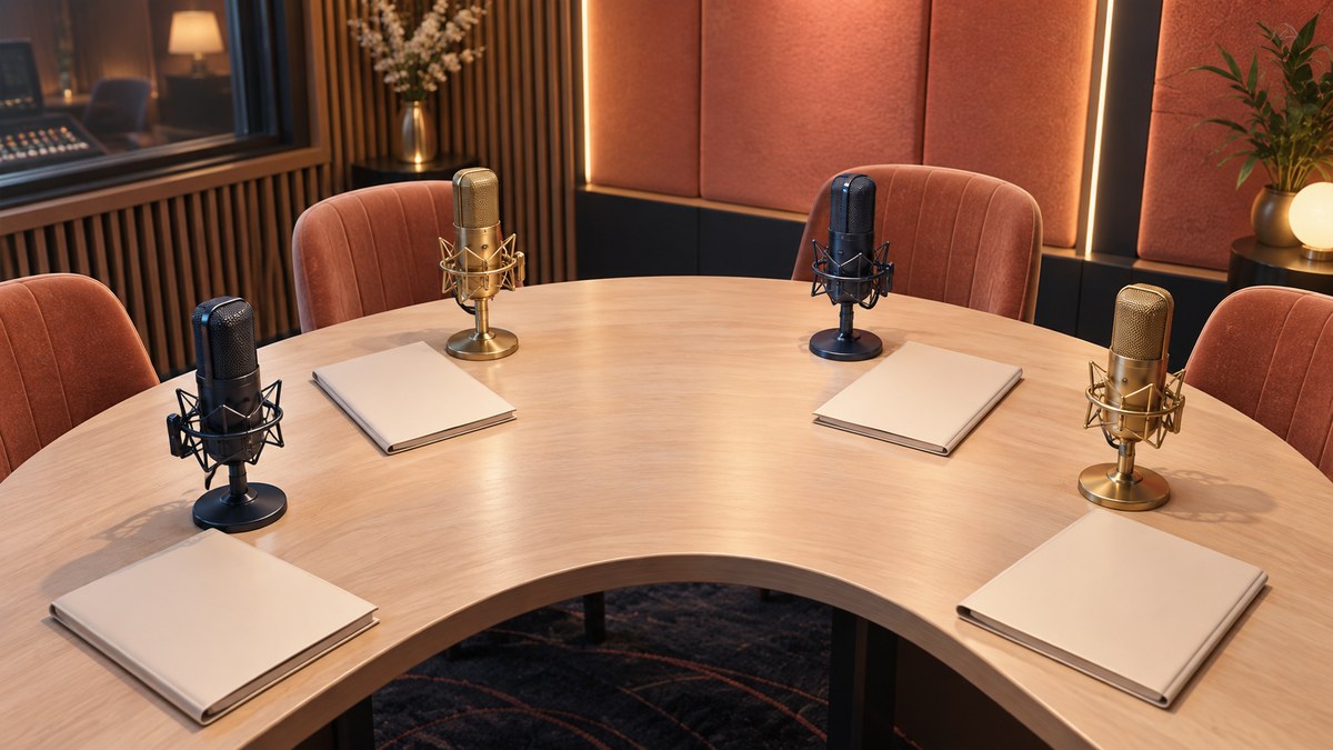 四つのマイクと台本で表す声の出演者のイメージ